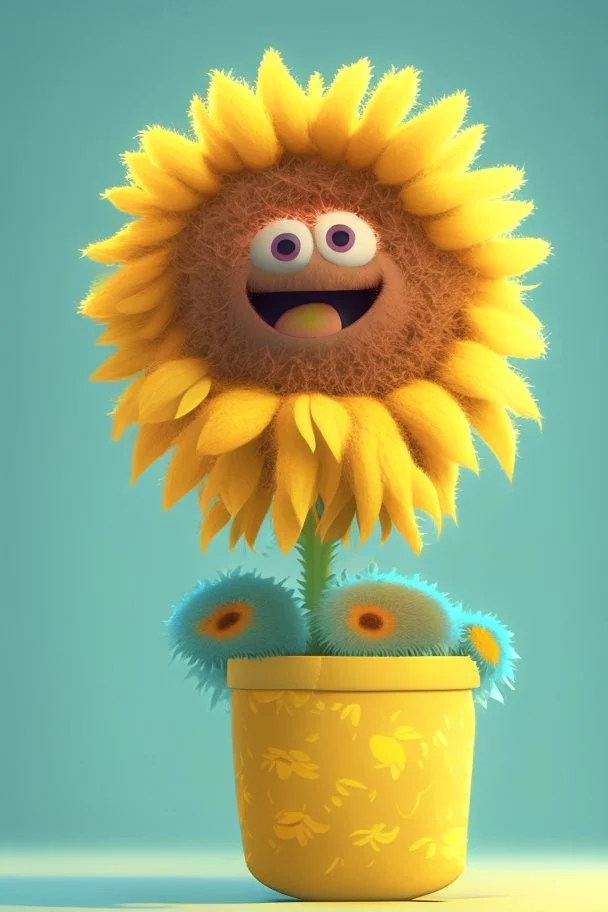 Cheery and cute sunflower in a pot avatar full body in fluffy material