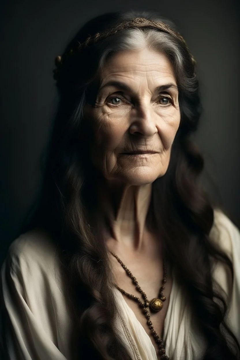 portrait of a 250 year old woman who looks like an elegant, greek goddess; she is beautiful and has long dark hair, friendly, faithful, hopeful