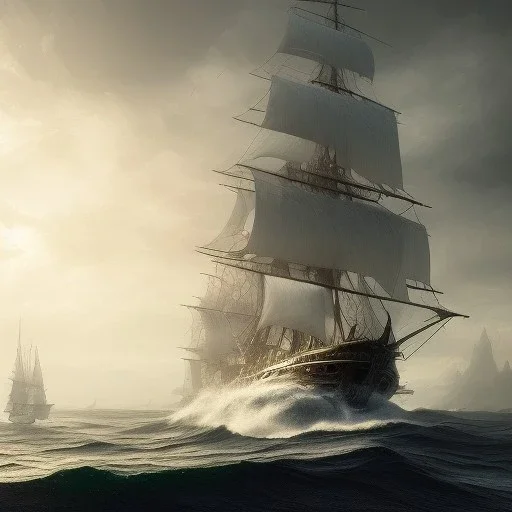 photo of a ultra realistic sailing ship, dramatic light, pale sunrise, cinematic lighting, battered, low angle, trending on artstation, 4k, hyper realistic, focused, extreme details, unreal engine 5, cinematic, masterpiece, art by studio ghibli, intricate artwork by john william turner