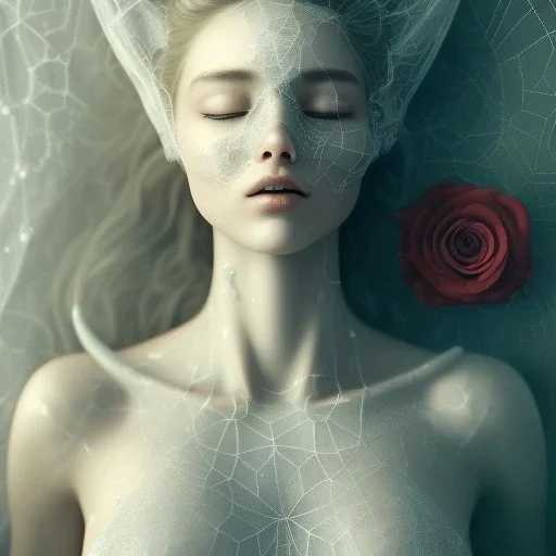 woman sleeping on satin pillow with spiderwebs covering face and hands on chest holding roses, 8k, high-quality, fine-detail, intricate, sharp, crisp, digital art, detailed matte, illustration, octane render, brian froud, howard lyon, Anne Dittman, Anne Stokes, Lisa Parker, Selina French