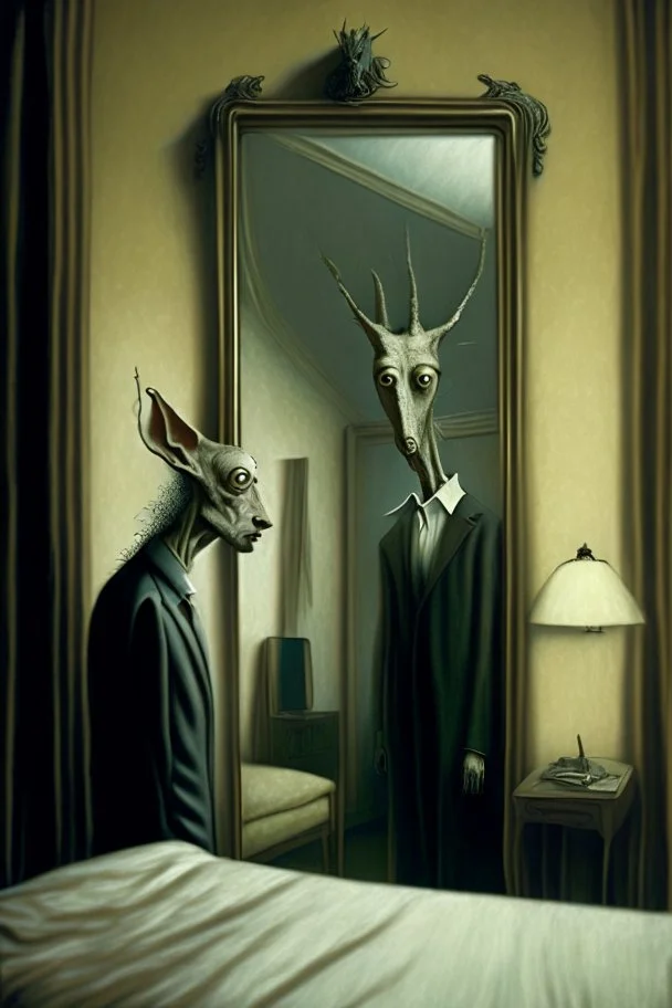 a man with distinct personality by ashley wood, leonora carrington, hieronymus bosch and mark ryden, alone in a hotel room : : portrait through a mirror : : ultra - detailed technical precision : : matte painting, high definition 3 d render, unreal engine