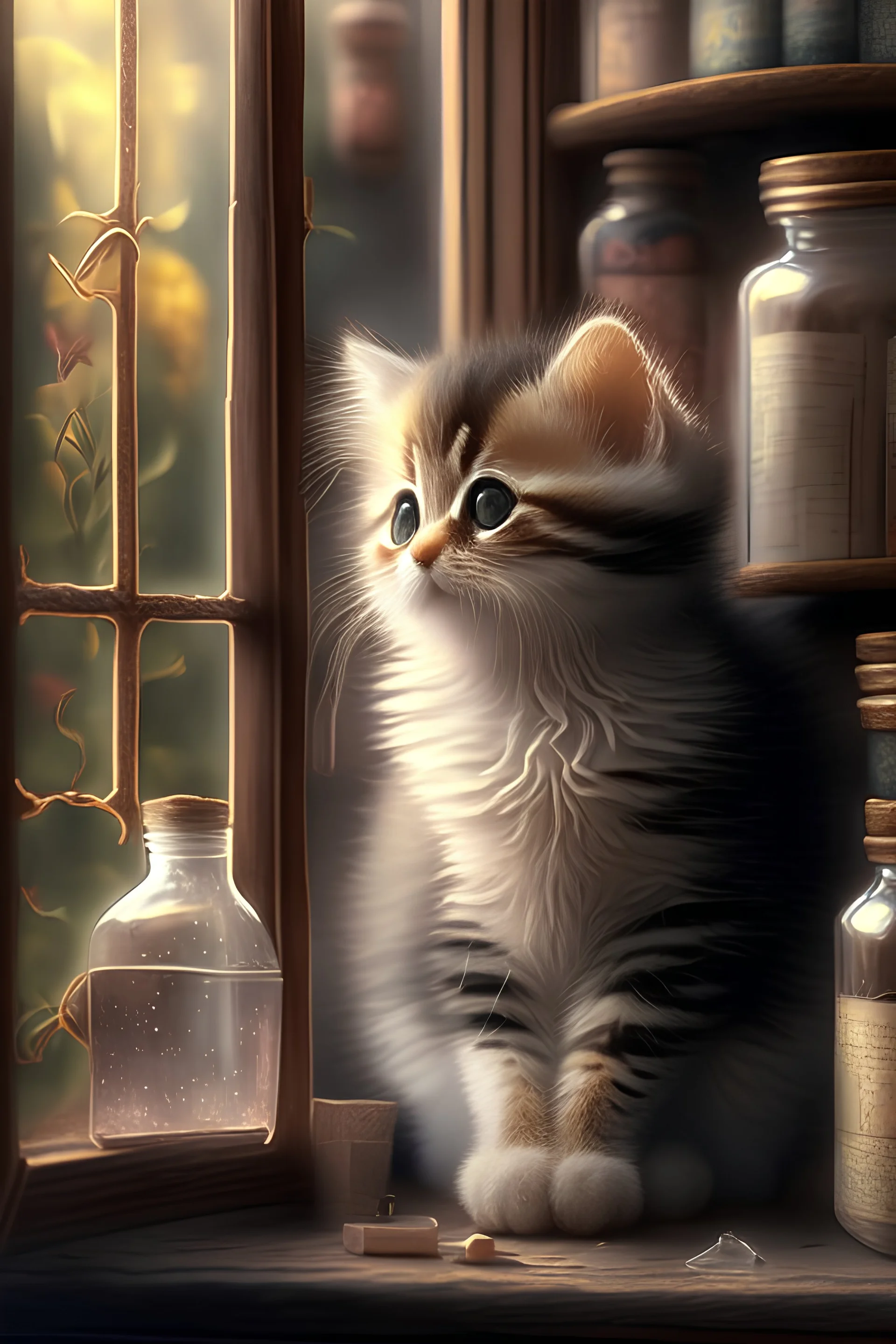 cute kitten in window in an apothecary. HD. High quality