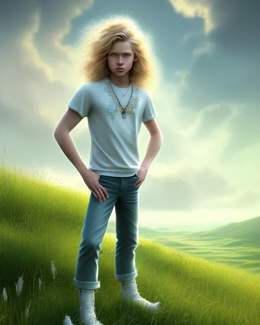 full length photograph of a beautiful 12 year old boy with long, blonde curly hair and light blue eyes, smiling, standing on a green hill in summer, highly detailed, smooth, photorealistic, digital art, HDR