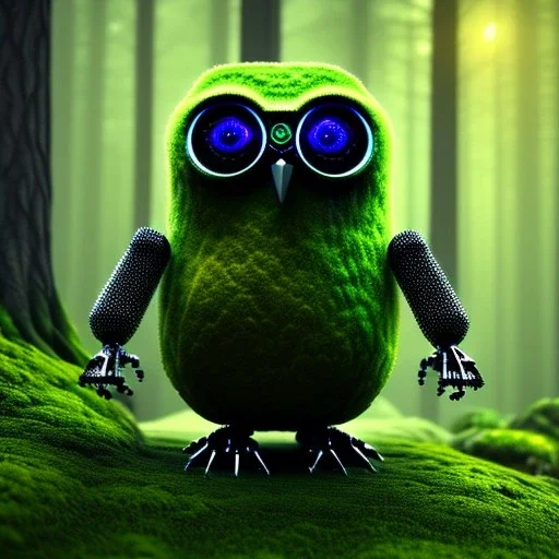 Mossy robot owl in a misty forest, 3d render, volumetric lighting