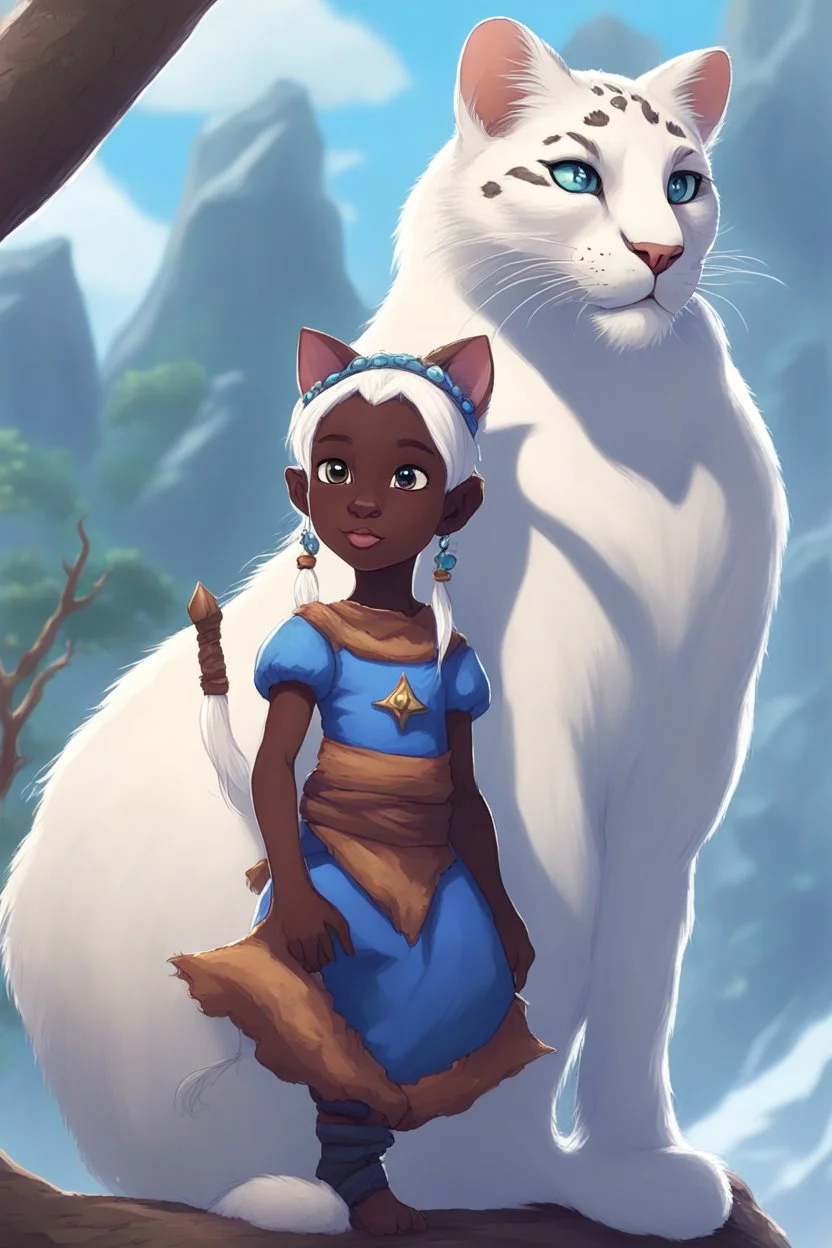 a cute eight-year-old female sorceress, dark skin, with straight snow white hair tied in a braid, blue eyes, riding on the back of a giant furry leopard cat