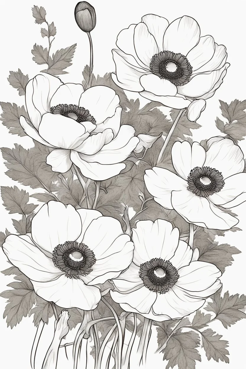 outline art ofJapanese anemones only black and white, no colour , White background. sketch style, clean line art, white background, no shadow and clear, no people, no colour, for book