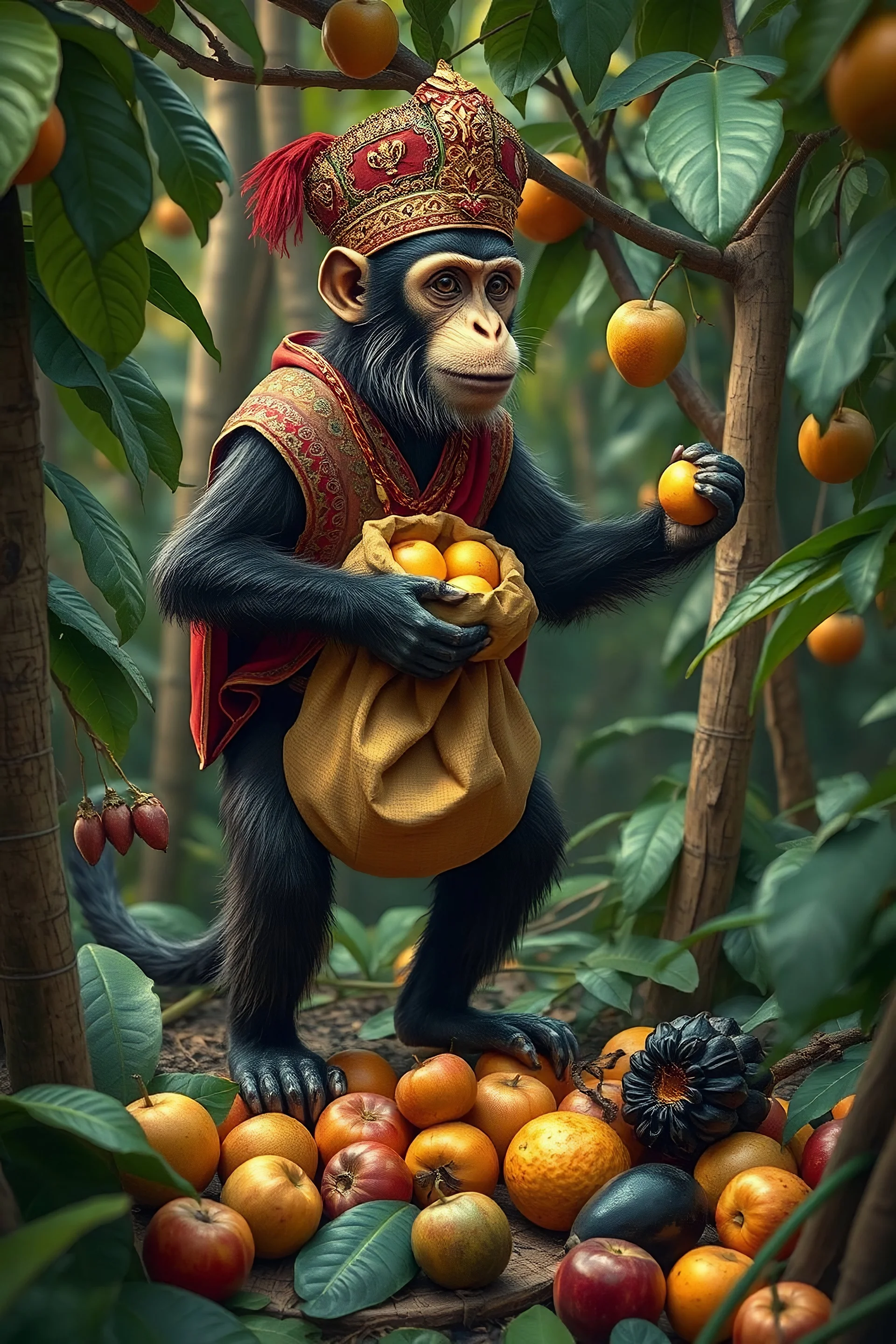 "The second monkey minister is in a different part of the jungle, also dressed in traditional royal clothing, but his approach is hasty. He grabs both good and bad fruits from the trees, stuffing them into his sack without concern for quality. His movements are rushed, and his face reflects impatience and indifference. Some fruits are rotten and dark, while others are fresh and vibrant, scattered across the jungle floor as he works hurriedly."