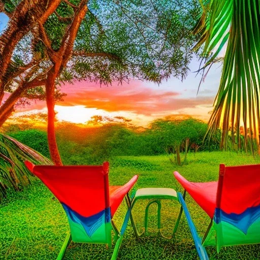 sunset in a tropical jungle with lawn chairs, blue red and yellow