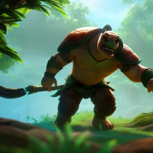 Powerful turtle, league of legends, in the jungle, full detail, intricate detail, cinematic, 8 k, cel shaded, unreal engine, featured on artstation, pixiv, cartoon style