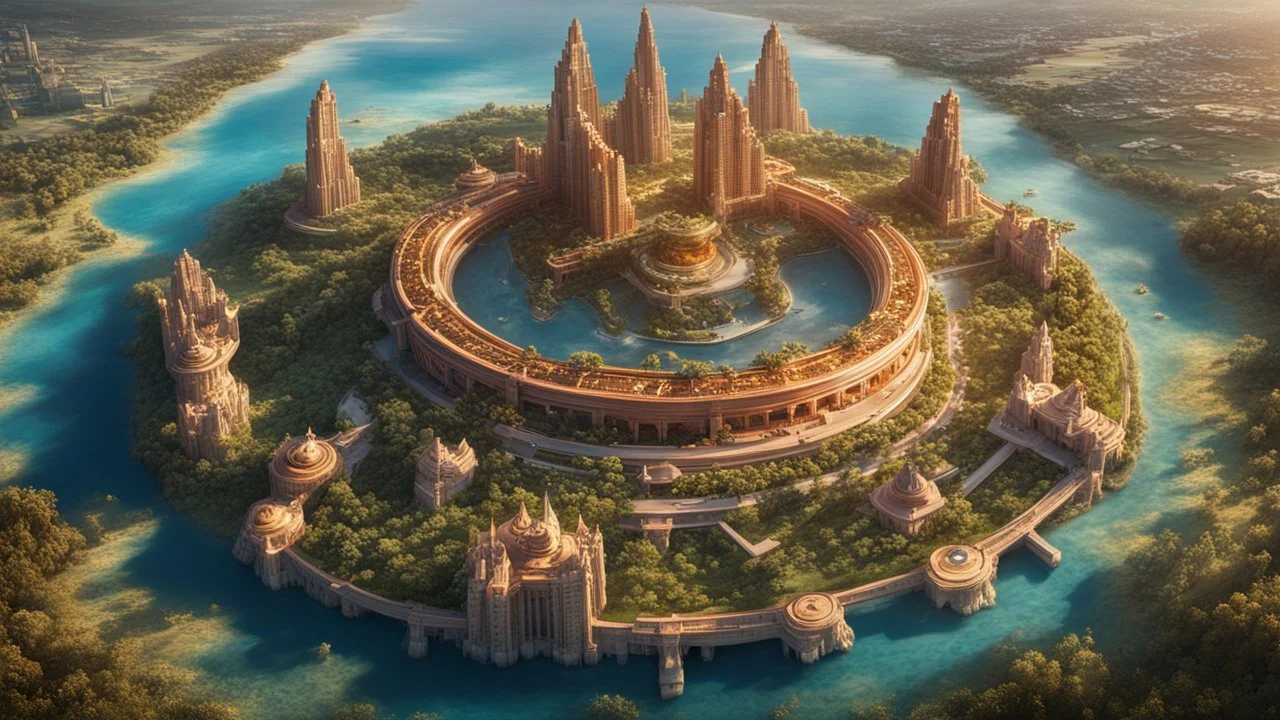 This 16K high-definition image aerial view of Atlantis. Splendid architecture and vegetation, iconic ring-shaped structures distributed across the landscape, prosperity, advanced civilization. The interplay of light and shadow highlights intricate details, mysterious and grandiose portrayal of this civilization. Bright clear rich red and yellow colors and metallic gold, grand in scale highly detailed, amazing, spectacular, magnificent, stunning architecture, inspiring, majestic, ecstatic