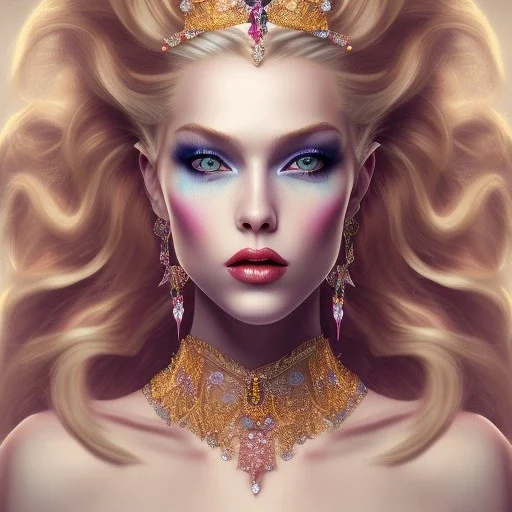 a princess with a lot of jewellery, long blonde hair, gold lipstick, blue eyes,with feather dramatic, dramatic lighting, pixar style, volumetric lighting, hyperrealism, 8k, high quality, photorealistic, lot of details