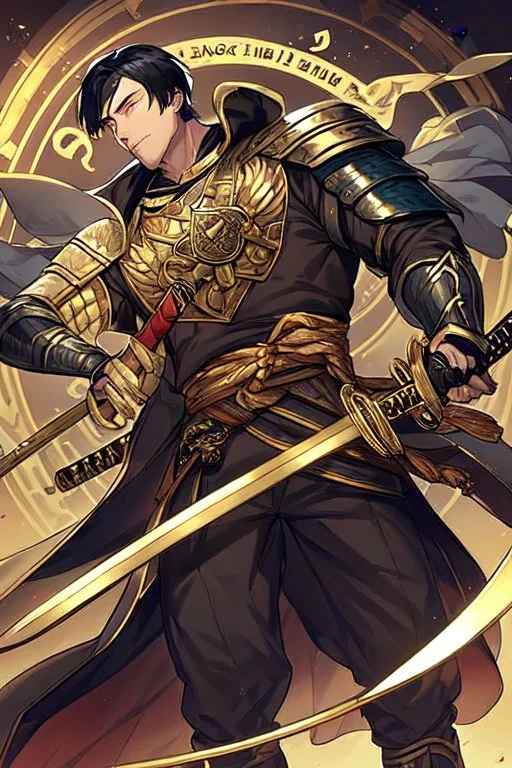 A handsome 30 year old knight, black hair, male bob haircut, in black-and-gold plate armor, golden katana in both hands, no beard, european