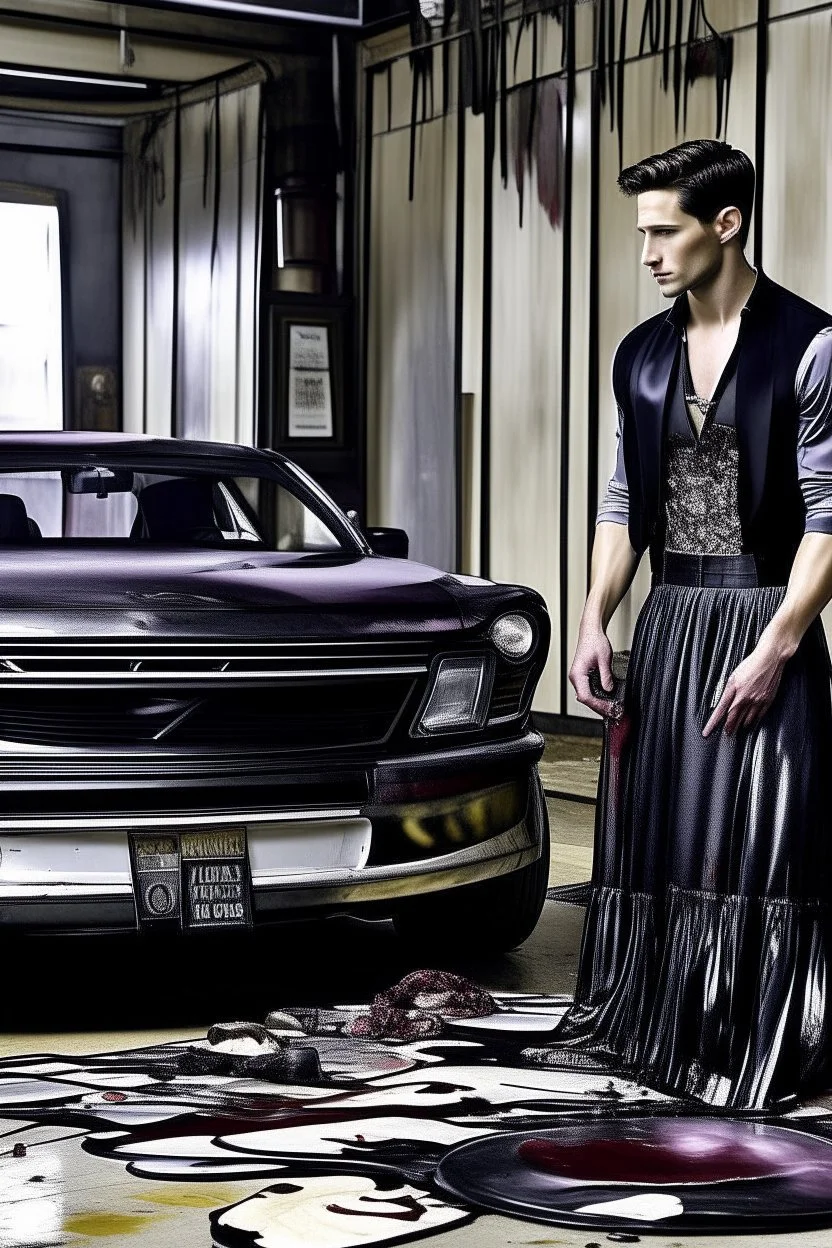 "prompt": "A dark, moody, surreal scene of a rugged auto mechanic at a decadent high tea. Instead of workwear, he now wears a flowing, high-fashion silk gown — glossy black with crimson undertones, draped dramatically yet smeared with streaks of oil and dust. BALL gown clings to his BUFF muscular frame while long folds cascade onto the cracked marble floor. He sits at a grand, candlelit tea table covered in black velvet, where tarnished silver trays hold eerie pastries, shattered porcelain cups