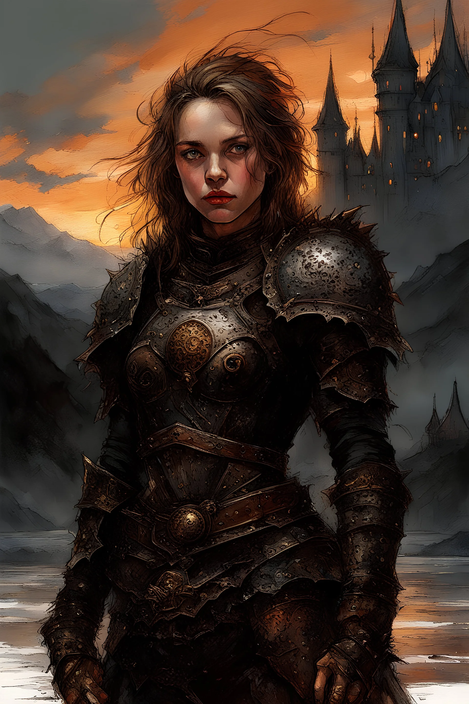 A formidable warrior girl in black armor, on the background Amazing gloomy landscape, flooded with sunset, mountains, trees, fabulous scary hero, , juicy emotions, painting, dark fantasy, gloomy day, dark world, portrait, Gothic Town At Night, Fantasy, Intricate Details, Castle Courtyard Gardens, Hyper Detailed, Jean Baptiste Monge, Carne Griffiths, Michael Garmash, Seb Mckinnon, Masterpiece