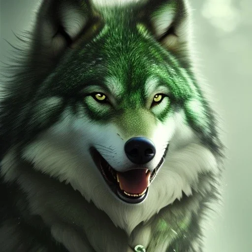 Green Wolf, red eyes, 8K, cinematic lighting, sharp focus, masterpiece, expert