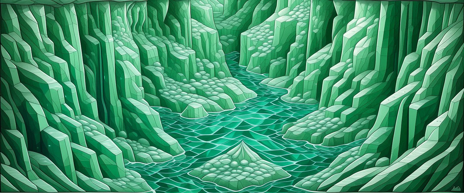A mint colored diamond cavern covered in water painted by MC Escher