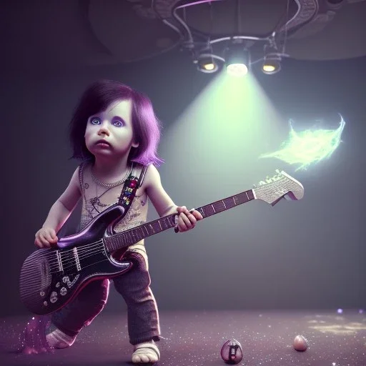 3d render, Alice Cooper toddler, full body, guitar, dramatic lighting, volumetric lighting, music studio background, hyper realistic, unreal engine 5, 8k, UHD,