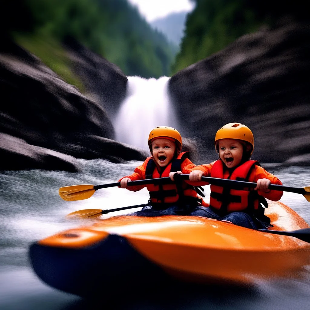 phone camera found footage screen capture, static filled low resolution image, low picture quality, blurry kinetic grainy photograph from the perspective of the riverbank of three happy babies wearing life preserver jackets alone in a kayak flying down river toward a waterfall in furious rapids, motion blur, low contrast, high film grain