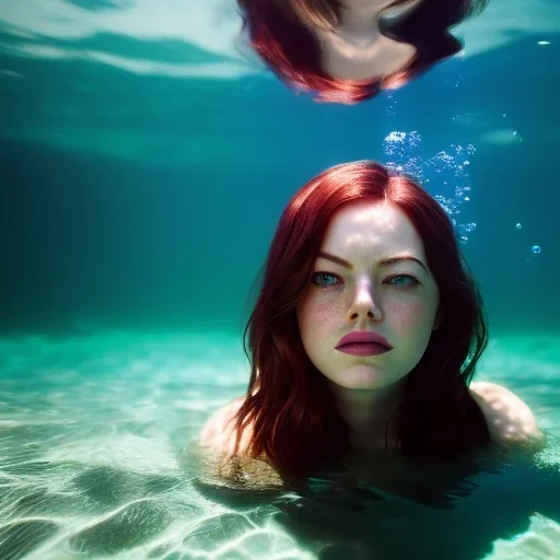 Emma Stone underwater with red hat for hair, closed eyes, rtx, reflection, 8k, glow, winning photography, caustics