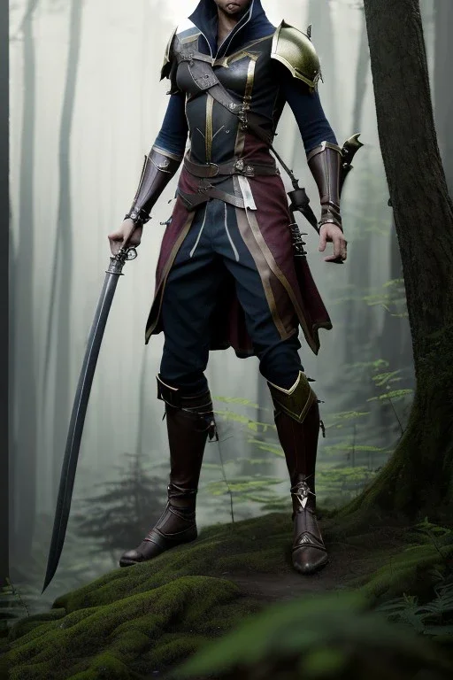 full length photo of a male Dark elf dressed like a swashbuckling assassin, looking at camera, background is a dense forest, highly detailed, 4 k, hdr, smooth, sharp focus, high resolution, award – winning photo