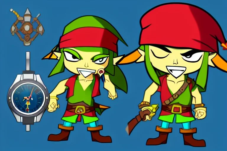 Cartoony and muscular Captain Jack Sparrow, showing his expensive wrist watch, Legend Of Zelda: Wind Waker style, stylized, colorful, adventurous.