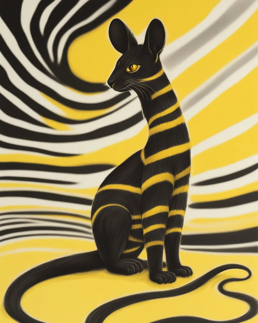 A black, round creature with long ears with yellow stripes and a long tail with a yellow stripe