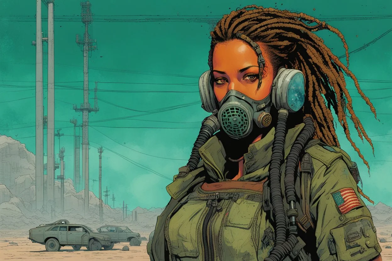 front facing full length portrait illustration of a grunge armored female with beaded dreadlock hair cyberpunk vampire mercenary with gas mask, telecommunications headset, and shemagh, highly detailed with gritty post apocalyptic textures, toxic irradiated landscape, finely detailed facial features and hair, in the graphic novel style of Bill Sienkiewicz, and Jean Giraud Moebius, with elements of collage, mimeograph, and pen and ink