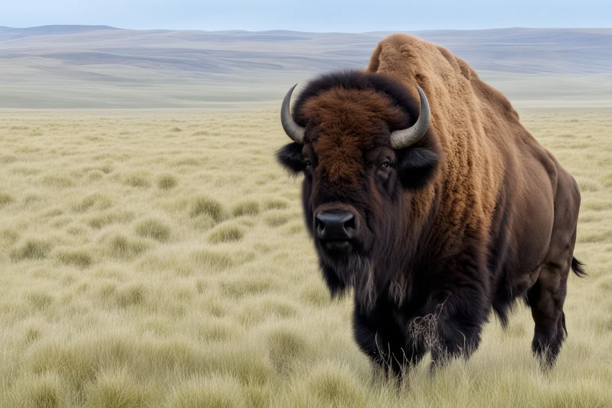 Bison walking towards viewer's right, on white background, fades out on the left