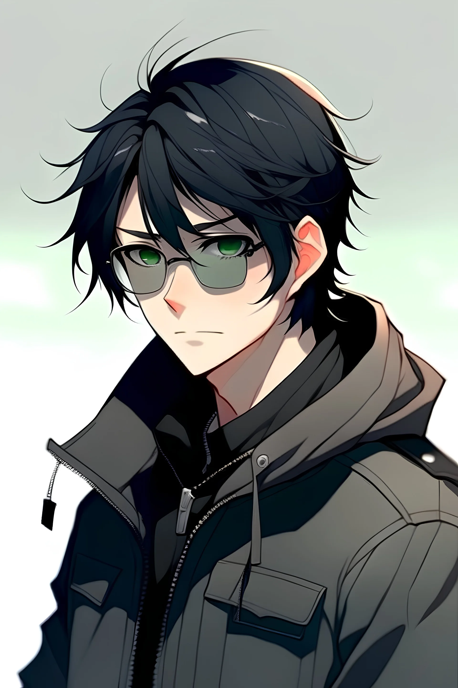 An anime boy with black hair, wearing a black jacket and sunglasses