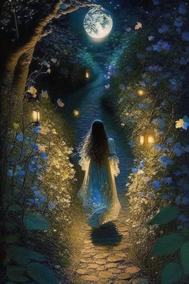 As she wear walked along the cobblestone path, Lily discovered that the night held a secret enchantment. Moonbeams danced through the leaves, casting ethereal shadows on the ground. The nocturnal creatures serenaded her with their melodic songs, and the scent of wildflowers filled the air