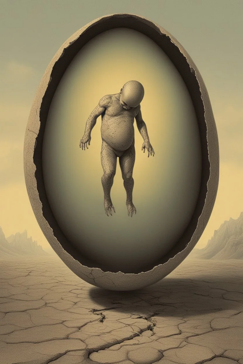 a haunting image of an embryonic human emerging from a cracked egg