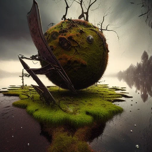 hyperrealistic shot, rusting and moss covered giant mascot, earth color palette, sharp focus, puddle reflection, water splash, refraction, bats flying, rain and lightning on the horizon, shadowcast, detailed and intricate, cinematic composition, tilt shift photography