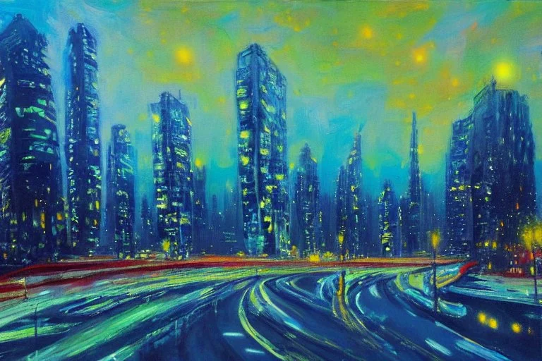 Night, futuristic buildings near trees, highway, sci-fi, impressionism painting