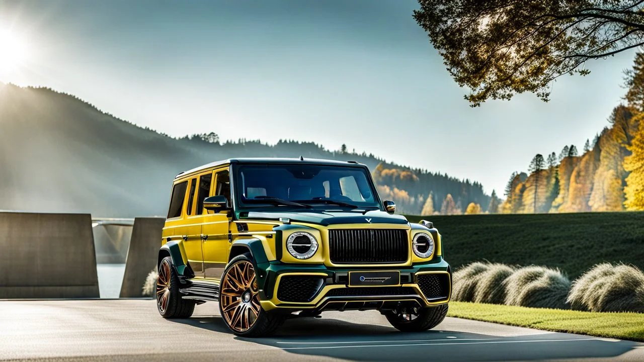 A (((G-Wagon bentley))) featuring a luxurious interior, advanced technologies, and a sleek body kit designed by MANSORY, front cinematic view
