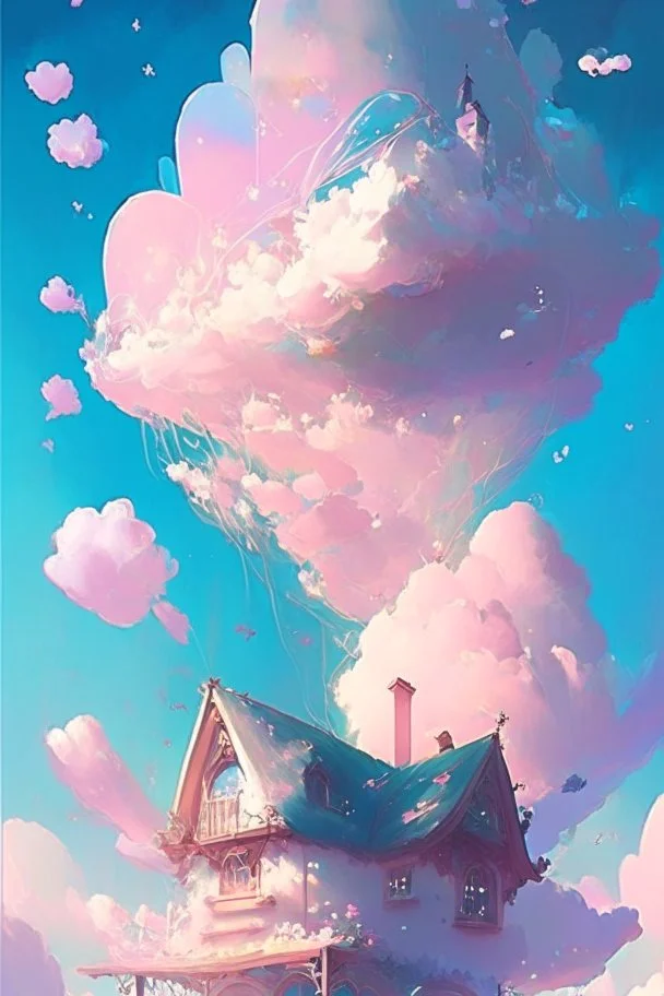 A whimsical dwelling delicately constructed entirely of ethereal clouds evocative of a dreamy landscape floating somewhere between heaven and earth, Dreamy, Pastel colors, Vibrant lighting, Highly detailed, Digital painting, Artstation, Concept art, Magical, Sparkling, Enchanting, art by victoria skitt, pascal campion, Loish, Trending on deviantart.