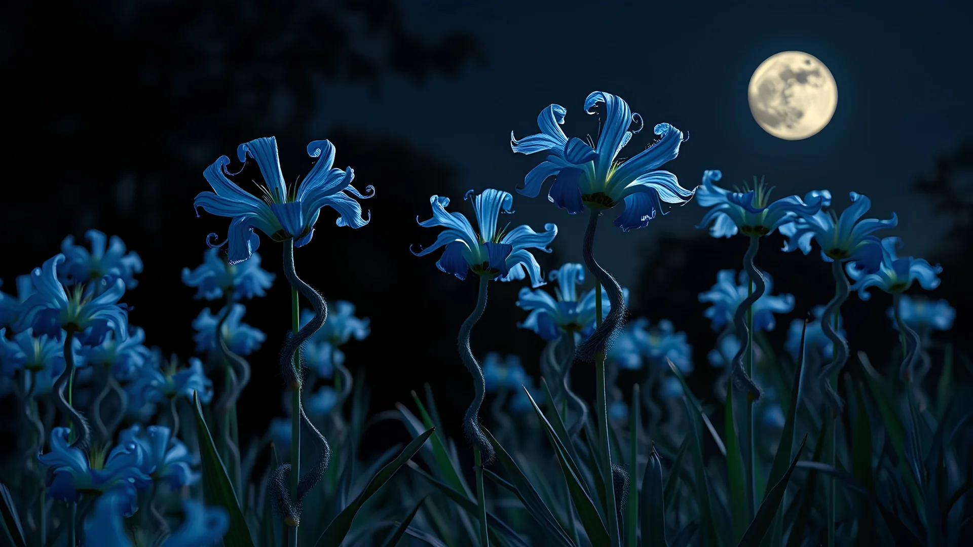 unique blue twisty flowers growing in yard, night, full moon, 8k, high quality, trending art, trending on artstation, sharp focus, studio photo, intricate details, highly detailed, by tim burton