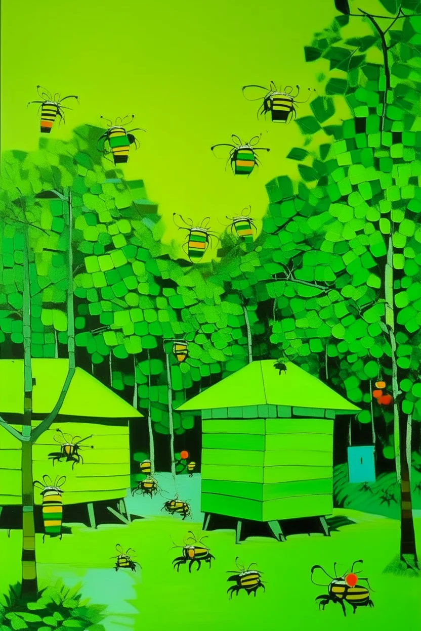 Lime green treetops with beehives painted by Stuart Davis
