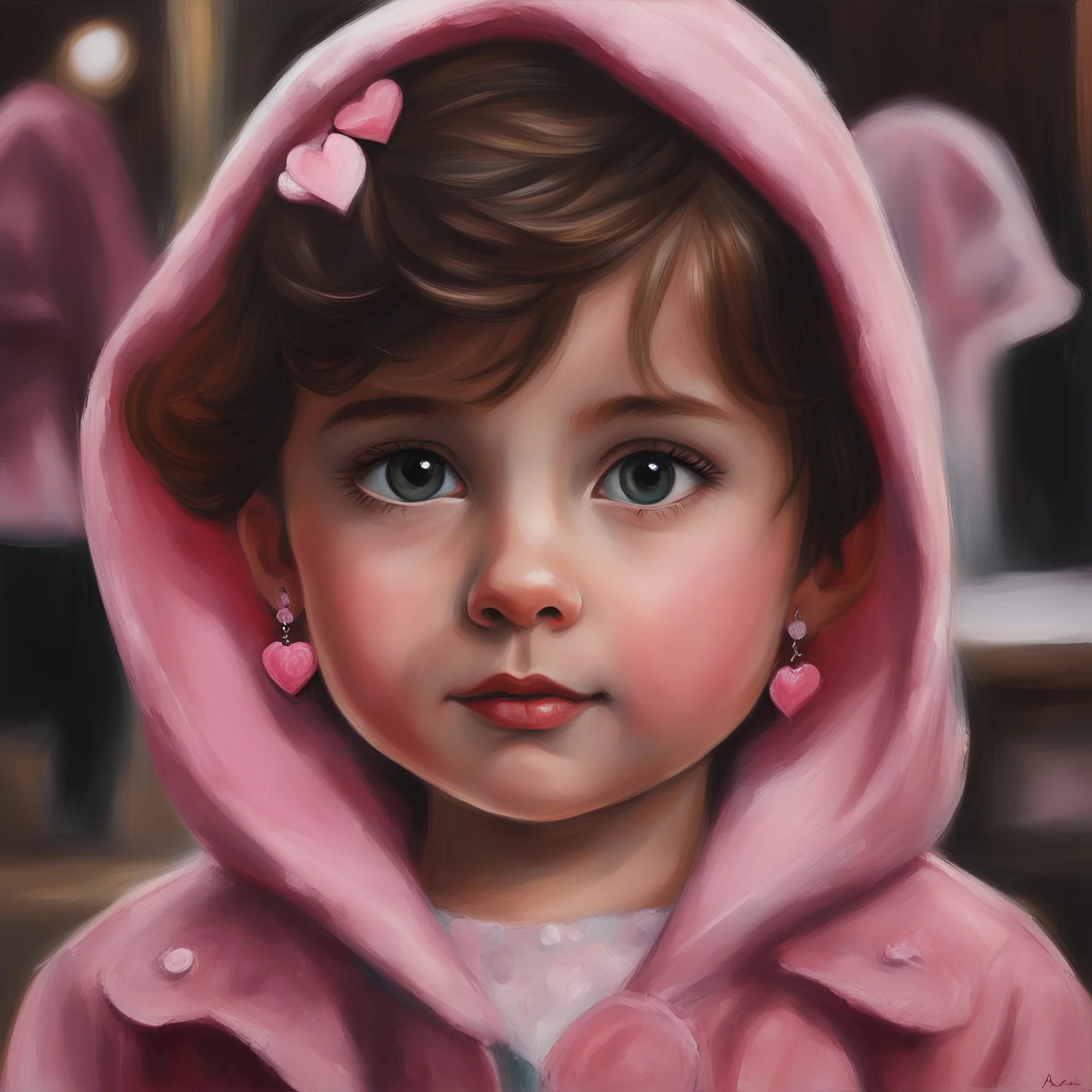 Painting of a little girl with big hazel eyes and short brown hair with a pink jacket and heart earrings, 2 years old, adorable eyes, cute face, oil pastel, oil pastel painting, oil painting, painting style, correct face