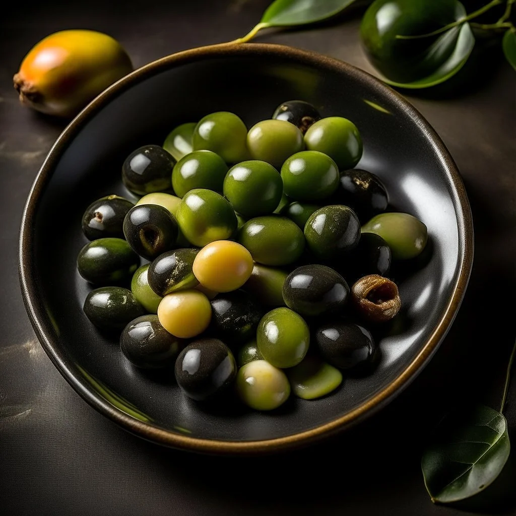 A plate of black olives and a plate of green olives?