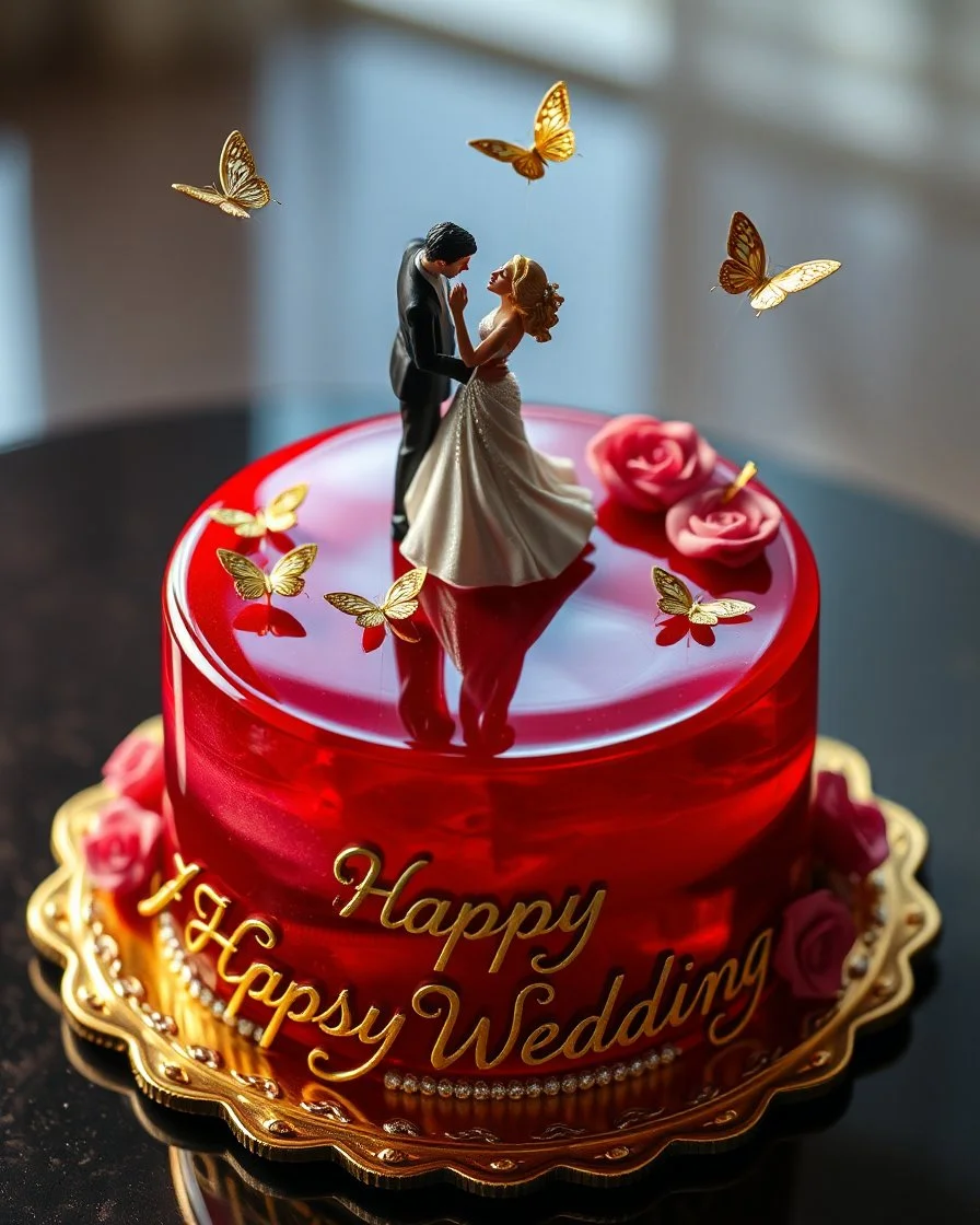 hyper realistic of beautiful miniature a romance couples dance' on top of a red shiny big tall transparent jelly cake decorated. intricate gold butterflies on top. Cake sits on a gold plaque decorated with roses. Top angle view, cake decorated with intricate jewelry, written details .Happy Wedding. in details cursive letters, ultra HD 64k studio hyperrealism lightning light reflections