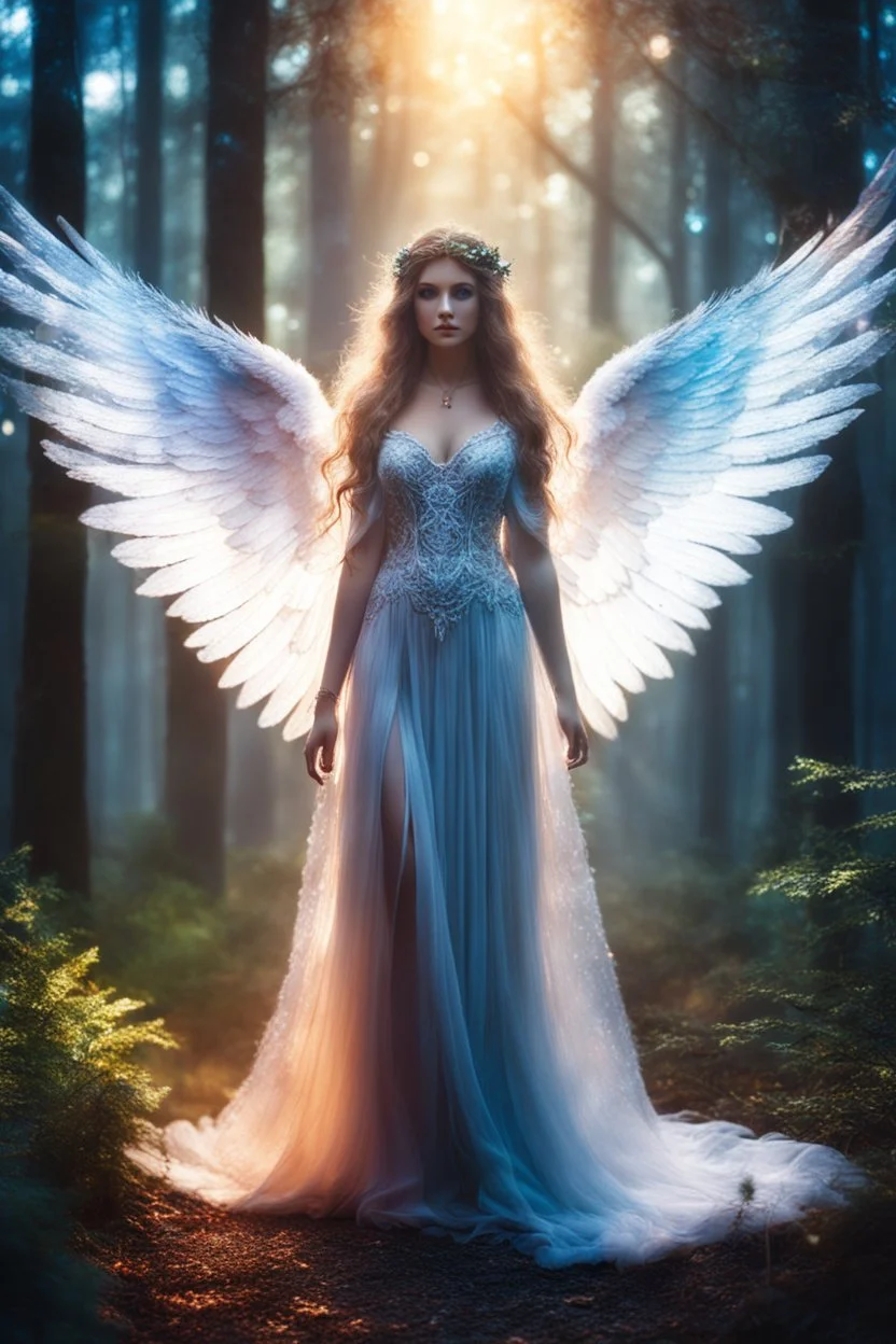 Beautiful Angel in Magical Forest full of lights colors, Photography Art Photoshoot Art Cinematic Soft Blur Colors - Dramatic Pose