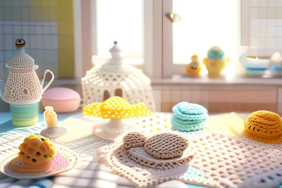 amigurumi desserts, cookies and macarons on lace tablecloth in a modern kitchen in sunshine