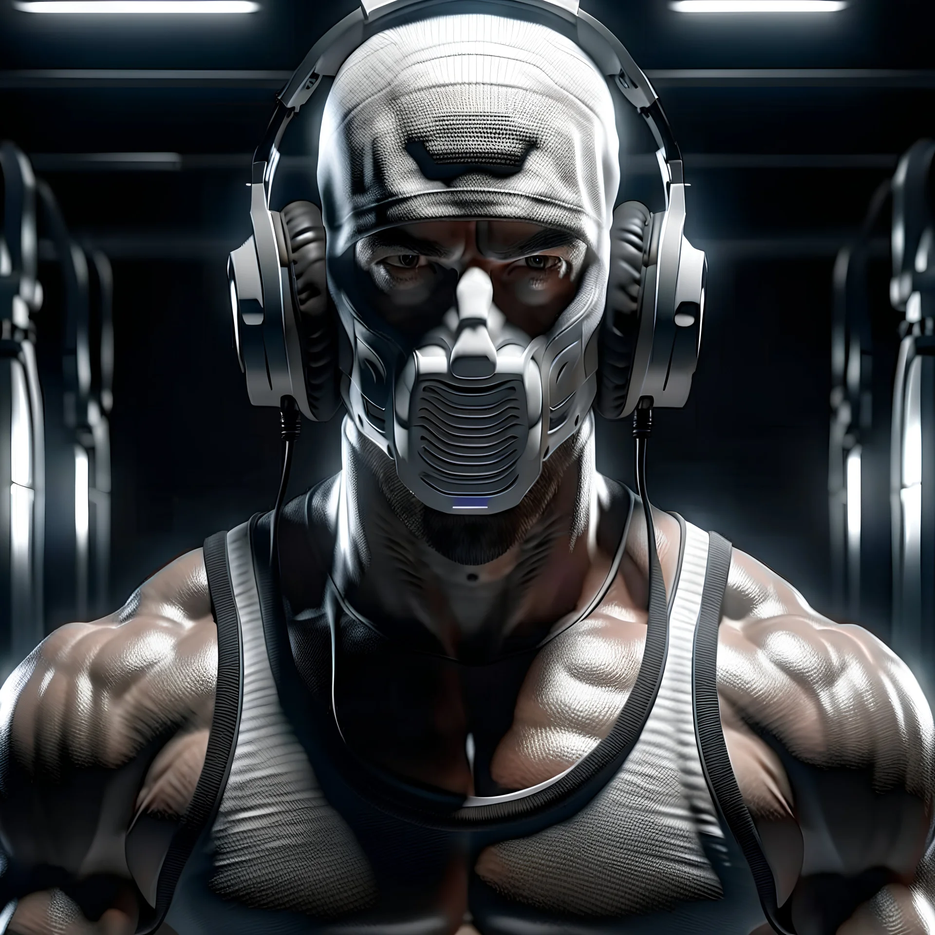 Man, realistic, muscular, front face, mask face, headphones, In gym, ps5, quality hd