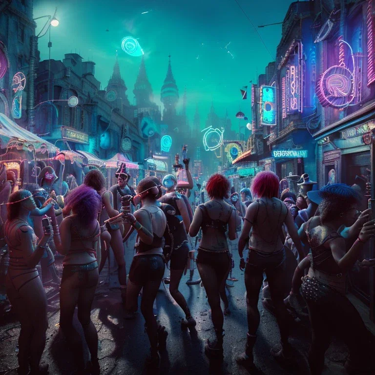 Ultra Realistic photo, medium shot view, drunken women, carnival scene, futuristic steampunk. hair monster, Sunglasses, smoking, happy, hot. Cabaret background, highly detailed, concept art, unreal engine 5, ray tracing, RTX, lumen lighting, ultra detail, volumetric lighting, 3d, finely drawn, high definition, high resolution.