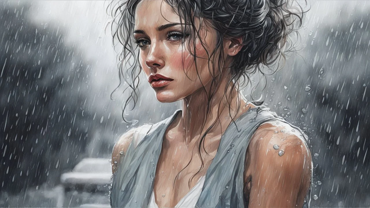 Draw a man leaving, a portrait of a beautiful woman, rain,