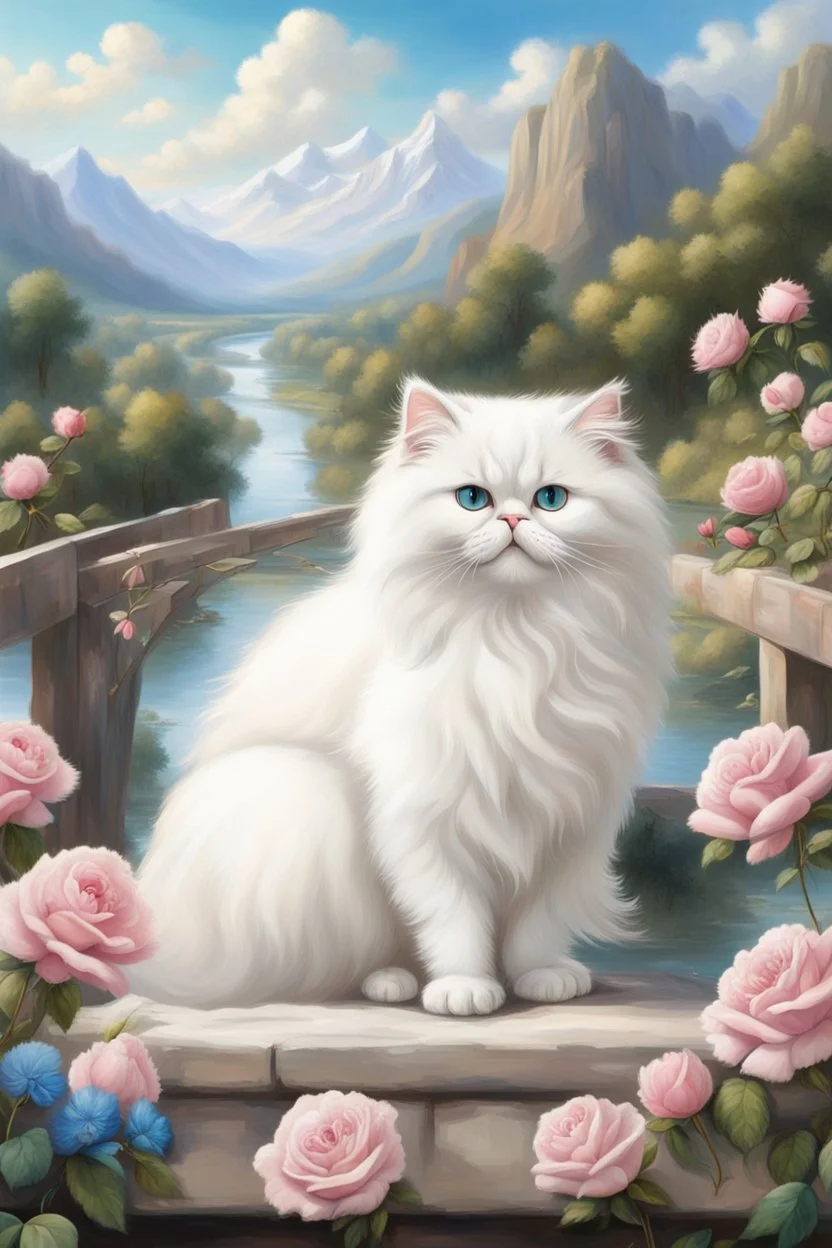 in the center: beautiful fat fluffy white persian cats with kittens, with green and blue eyes, sitting on a bridge, under the brigde flows a small blue river; background: landscape with dramatic mountains and white clouds, butterflys flying in the sky; first plan: pink roses;