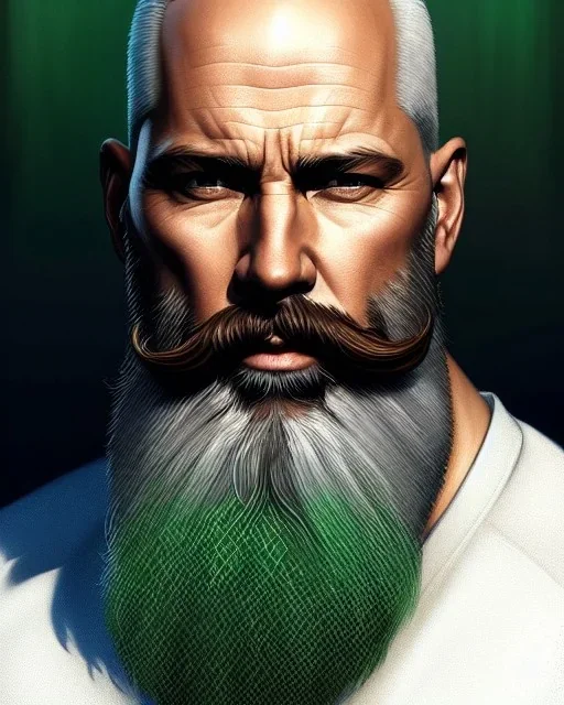 "MIddle aged white human male, with a trimmed but uneven beard, piercing green eyes with slick back hair, full-scale head and shoulders portrait, 8k resolution concept art portrait by Greg Rutkowski, Artgerm, WLOP, Alphonse Mucha dynamic lighting hyperdetailed intricately detailed Splash art trending on Artstation triadic colors Unreal Engine 5 volumetric lighting Splash art fantasy"