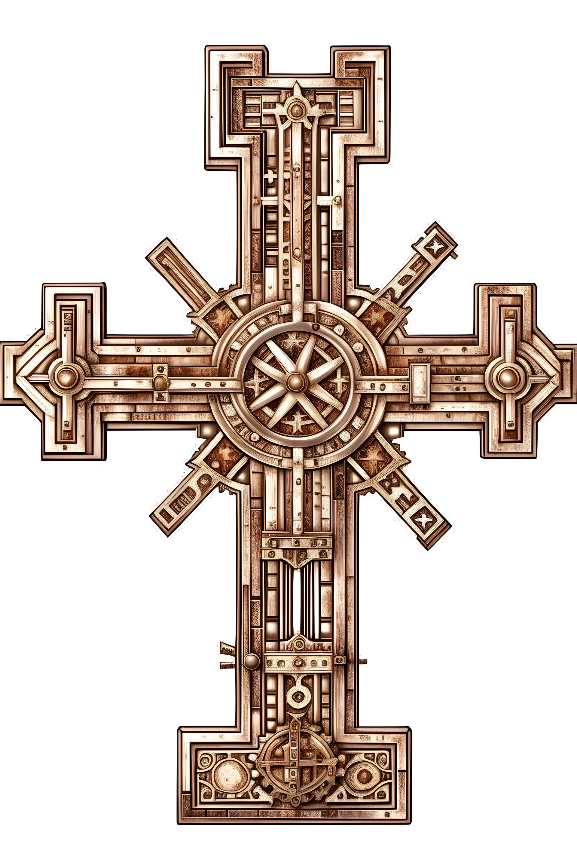 steampunk a full wooden cross no background