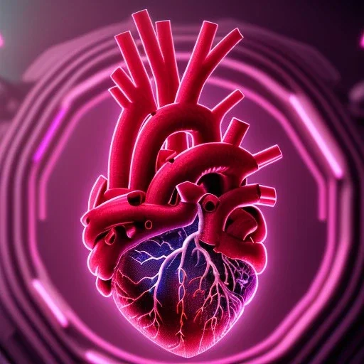  human heart, realistic, cyberpunk, hyperdetailed, intricately detailed, neon shining, dark red tones,