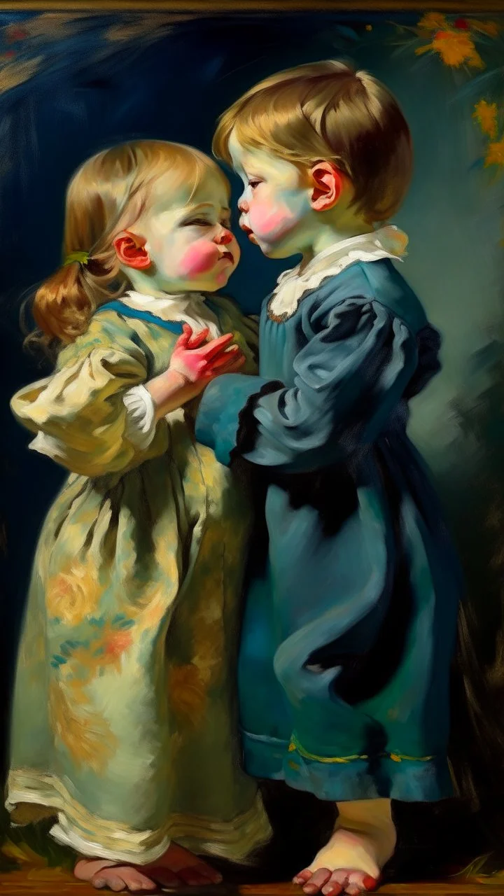 Side profile of a baby girl with her aspirations behind her standing . Holding her brother hugging with love and romance,Opulent Van Gohn style painting, Busch painting style nightmare